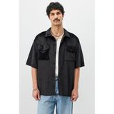 Fitilli Kadife Kısa Kollu Gömlek - 2XL - Siyah