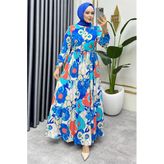 Flora Desenli Viskon Elbise Saks Mavisi