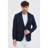 Frappoli Luciano Erkek Koyu Lacivert Poliviskon Kumaşlı SlimFit Kendinden Mendilli MonoYaka Spor Blazer Ceket