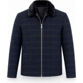 Full & Full Erkek Kürk Yaka Detaylı Ekose Kaşe Mont - 2XL - Lacivert