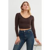 Fulla Moda V Yaka Uzun Kol Crop Bluz