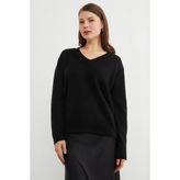 FullaModa Basic V Yaka Salaş Kazak - Siyah - M - L