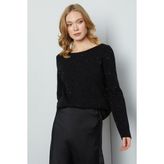 FullaModa Pullu Simli Kayık Yaka Triko Kazak - Siyah - Standart