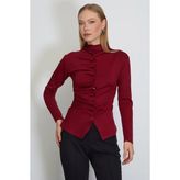 FullaModa Yanları Drapeli Önü Pileli Dik Yaka Bluz - Bordo