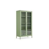 Furni24 Pera Camlı Metal Dolap 150 cm, Cam Kapaklı Vitrin - Büfe - Kitaplık ve Çok Amaçlı Dolap ( Raf Ayarlanabilir) Ral 6011 Yeşil