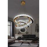 G-Light 3 Katlı Kristal Taşlı Modern LED Avize - Gold