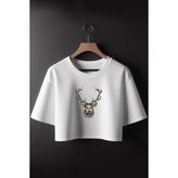 Geyik Baskılı Crop Tshirt - Beyaz - XL