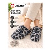 GEZER Kadın Kışlık Ev Terliği Siyah Gri Leopar Desenli Peluş Dokulu Rahat Taban Terlik