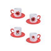 giftkonsept Kırmızı Çiçekler Baskılı Kırmızı Kulplu 4'lü Porselen Türk Kahvesi Fincan Takımı, QBTK5983