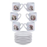 giftkonsept Sevimli Yavru Kedi ve Çiçek Baskılı 6'lı Porselen Beyaz Türk Kahvesi Fincan Takımı, QBTKB5744
