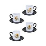 giftkonsept Sonbahar Çiçekleri Baskılı 4'lü Siyah Kulplu Porselen Türk Kahvesi Fincan Takımı, QBTK8170