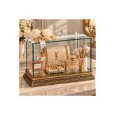 Glowvera Collection 35x20x20 cm Gold İşlemeli Cam Bohça Kutusu – Çiçek Kurdele Süslemeli, Aynalı İç Tabanlı Ahşap Çeyiz Bohça Sergileme Kutusu