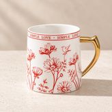 Gold Kulplu Porselen Kupa, Çiçek Desenli Mug Bardak,Kırmızı
