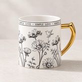 Gold Kulplu Porselen Kupa, Çiçek Desenli Mug Bardak,Siyah