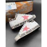 Golden Goose Super-Star Kadın Sneaker - Pembe Yıldızlı, Simli ve Love Never Changes Beyaz Deri Ayakkabı - Çok Renkli