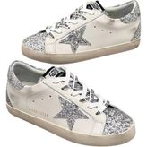 Golden Goose Super-Star White-Silver Leather And Coarse glitter Women's Shoes-Kadın Sneakers ayakkabı - 001 - Beyaz