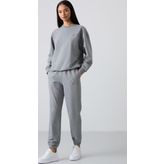Gri Melanj Basic Pamuklu O Yaka Oversize Lastik Paça Kadın Eşofman Takım - 95287