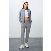 Gri Melanj Kompakt Pamuklu Kalın Pürüzsüz Dokulu Dik Yaka Oversize Fit Kadın Eşofman Takım - 95340