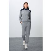 Gri Melanj Kompakt Pamuklu Kalın Pürüzsüz Dokulu Dik Yaka Oversize Fit Kadın Eşofman Takım - 95342