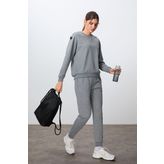 Gri Melanj Kompakt Pamuklu Kalın Pürüzsüz Dokulu O Yaka Oversize Fit Kadın Eşofman Takım - 95341