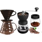Grossberg Coffee V60 Dripper Cam Kahve Sürahisi Değirmen Set - Siyah