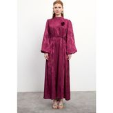 Gül Detaylı Jakar Elbise - Bordo - 38