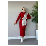 Gülce moda - Fitilli Triko Elbise Kırmızı