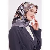 Gümüş Çiçek Desen Twill İpek Eşarp