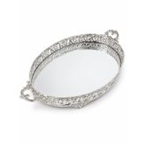 Gümüş Oval Aynalı Metal Çay Tepsisi, Çift Kulplu, Eskitme Finish, Dekoratif, 57x32x8 cm