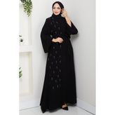 hafsamina Kuşaklı Çiçek Taşlı Ferace Siyah HM2853