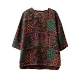 HangErFeng Kadın İpek Bluz Şal Desenli Patchwork Baskı Düşük Omuz 690
