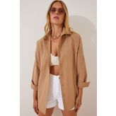 Happiness İst. DD00842 Kadın Camel Oversize Uzun Basic Gömlek