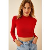 Happiness İst. GT00059 Kadın Kırmızı Fitilli Balıkçı Yaka Crop Örme Bluz
