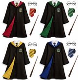 Harry Potter Kostüm Cübbe Seti Kostüm + Asa + Gözlük + Kravat - Yeşil - 11 - 12 Yaş