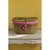 Hasır Rattan Örme Piknik Sepeti Oval Ekoseli 18767