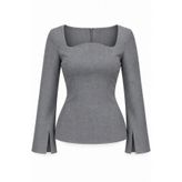 HAZELANNA Oval Yakalı Gri Bluz