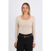 HDM Kadın Bej Uzun Kollu Fitilli Patlı Çıtçıtlı Basic Örme Bluz - H6172