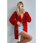 H&E LUXURY DESIGN Kadın V Yaka Kırmızı Triko Hırka