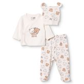 HelloBaby Erkek Bebek Zıbın-Şapka-Alt Hayvan Baskılı Çıtçıtlı V Yaka Uzun Kol Patikli - Ekru