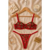 Hepimiz alalım Kırmızı Kalp Desenli Transparan Tül Bralet Tanga Takım
