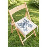 Home Mavi Kurdele Çiçek Motifli Fermuarlı Sandalye Minderi - Bej Çizgili Vintage Mutfak Sandalye Minderi