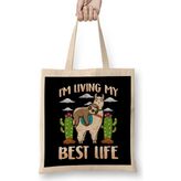 Humuts Cute Sloth & Llama Living My Best Life Sleepy Lazy Açık Bej Uzun Saplı Bez Çanta