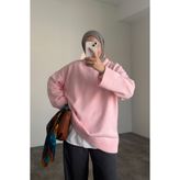HYWONA Kadın Bisiklet Yaka Oversize Triko Tunik Kazak Pudra Pembe