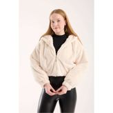İLKCET MODA Peluş Oversize Crop Kadın Kapüşonlu Mont