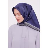 İndigo Şerit Leopar Desen Twill İpek Eşarp