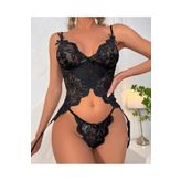 İntive Lingerie Kadın Yumuşak Dantel Jartiyerli Bodysuit Tanga Bacak Aksesuarı Takım- 8460 Siyah M