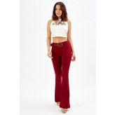 İspanyol Paça Kemerli Örme Kumaş Pantolon Pnt32439 Bordo