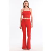 İspanyol Paça Kemerli Örme Kumaş Pantolon PNT32439 Kırmızı
