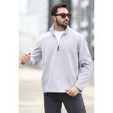 JB John Borners Erkek Kışlık Polarlı Sweatshirt Gri Yarım Fermuarlı Dik Yaka Boğazlı - 6053