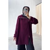 Ka Hijab Çift Fermuar Triko Kazak - Bordo